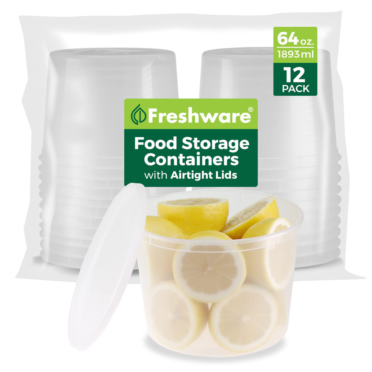 Freshware Food Storage Containers 24 oz Plastic Deli Containers with Lids, Slime, Soup, Meal Prep Containers, BPA Free, Stackable, Leakproof, Microwave/Dishwasher/Freezer Safe, 48 count (pack of 1)