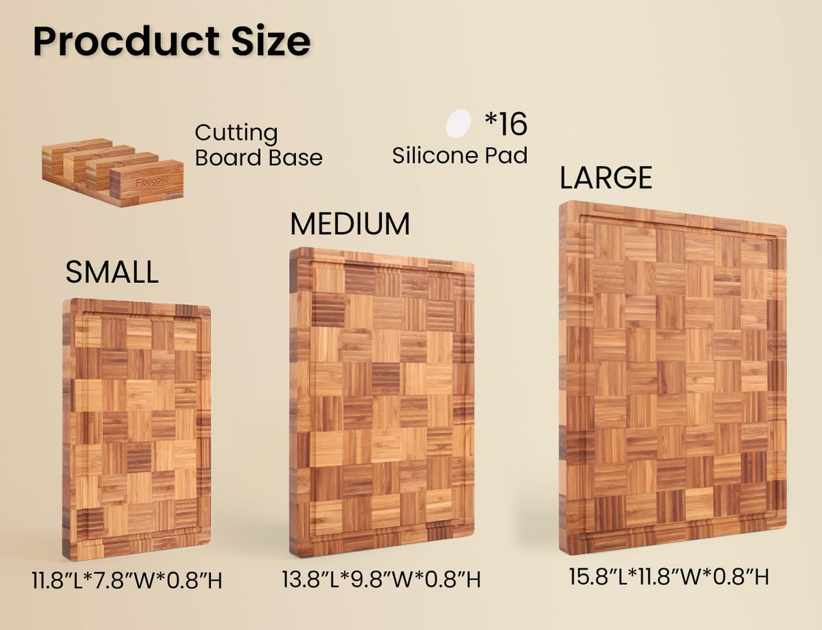 Fibogollo Set of 3 Bamboo Kitchen Cutting Boards with Juice Groove Large