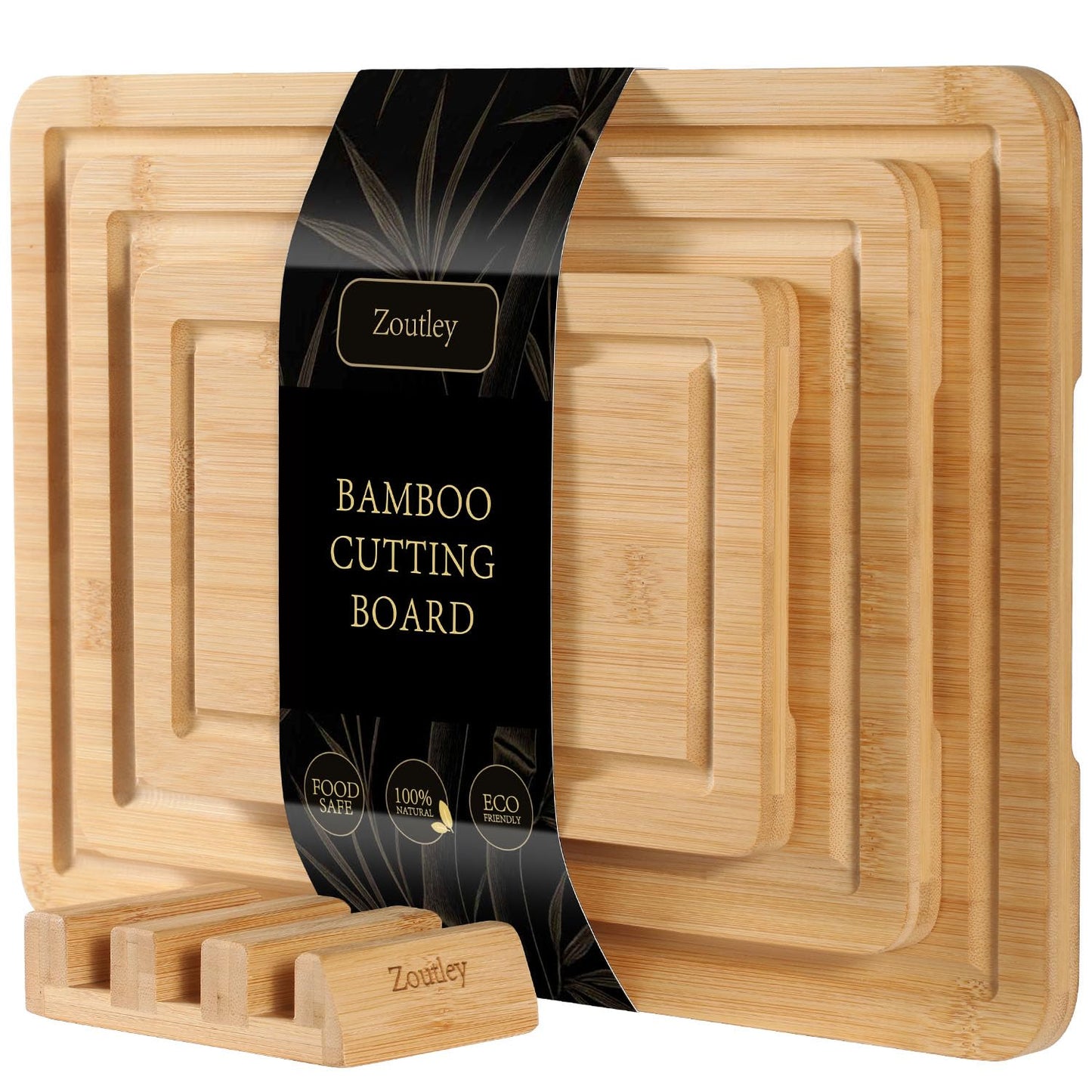 3-Piece Deep Carbonized Bamboo Cutting Board Set with Vertical Drying Stand | Wooden Chopping Boards for Kitchen | Extra Deep Juice Grooves & Easy-Carry Side Handles | Gift-Ready