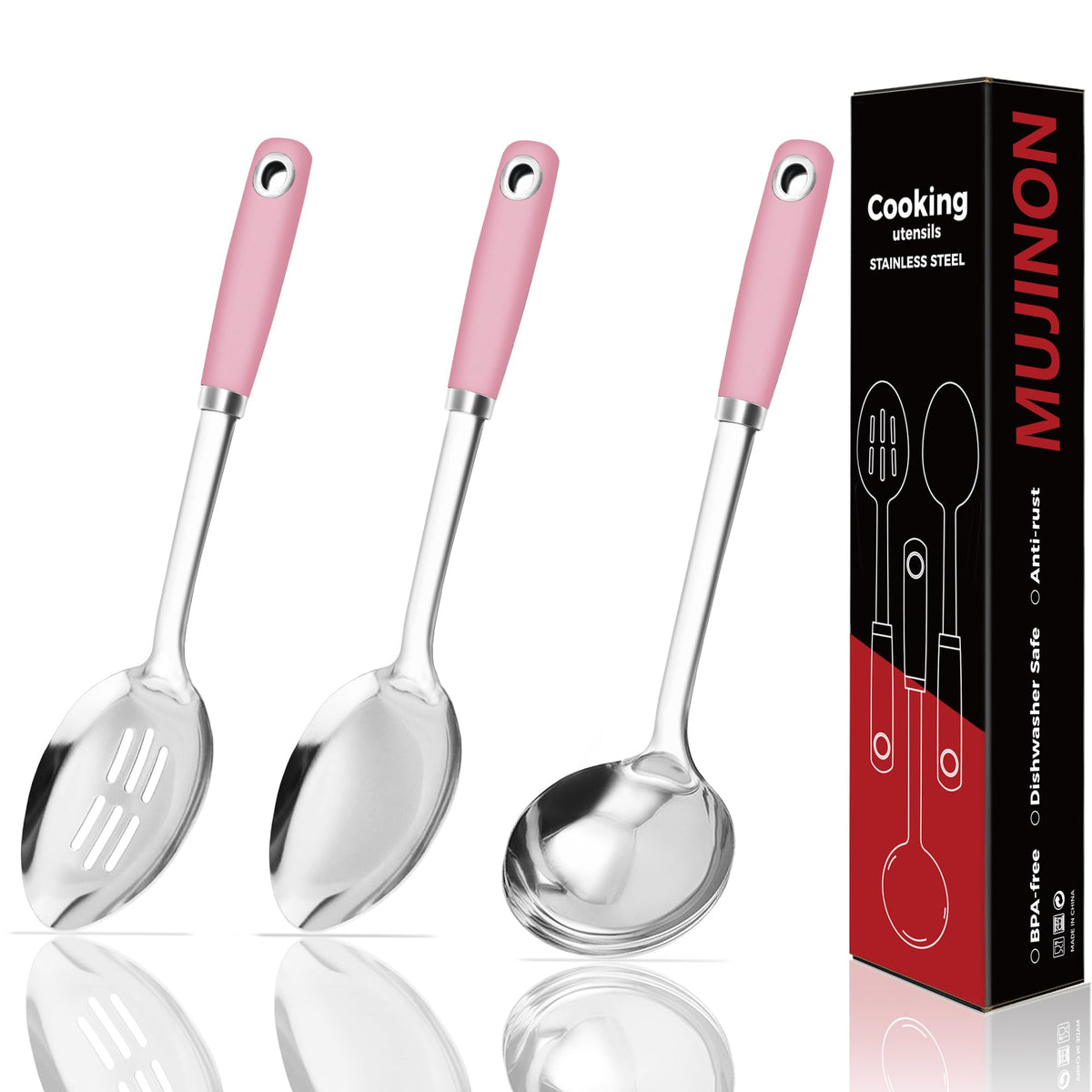 14-in Cooking Spoons Set, Heavy Duty 18/0 Stainless Steel Large Serving Spoons Set, Slotted Spoon, Cooking Spoon & Soup Ladle, Commercial and Residential Use, Pack of 3