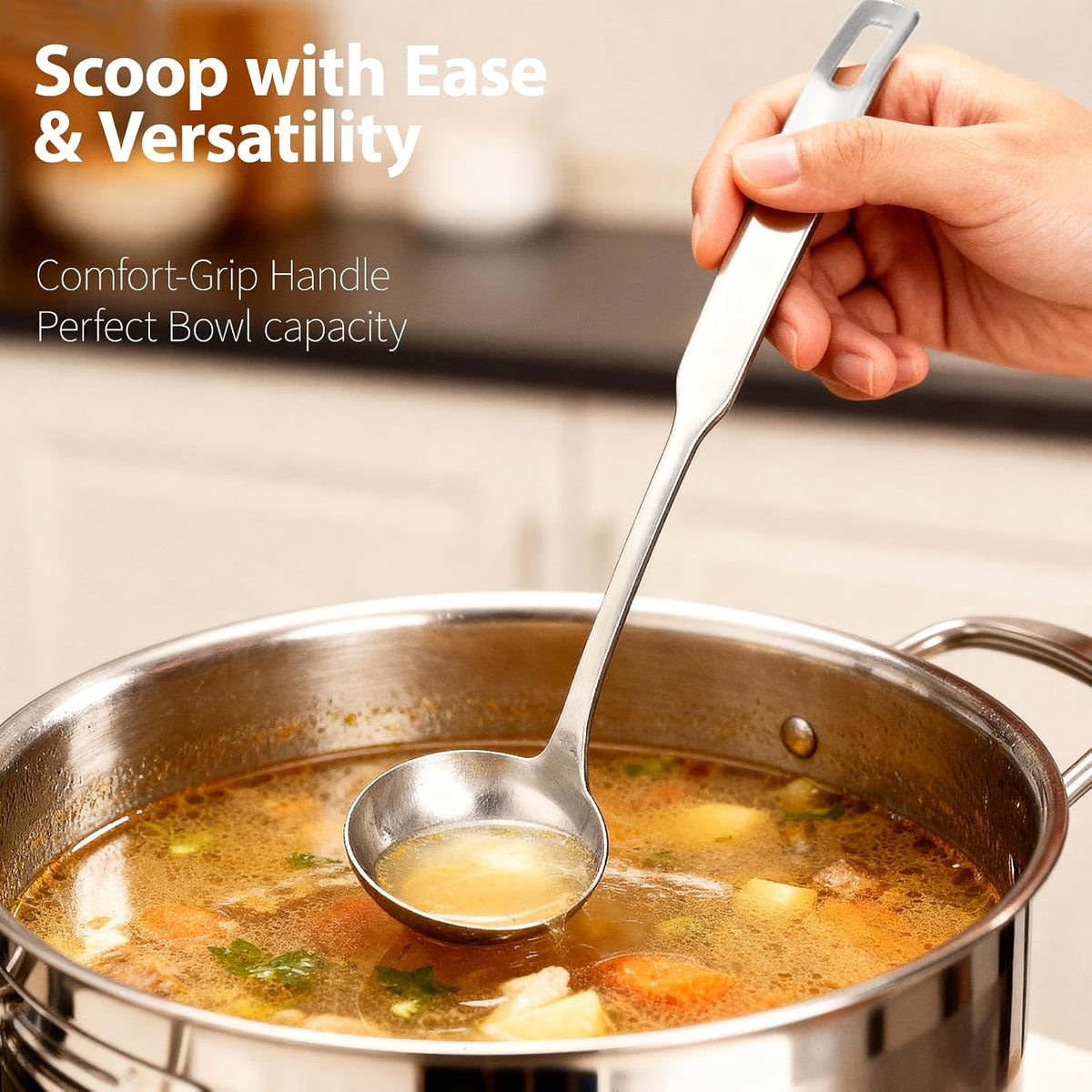 Professional Stainless Steel Soup Ladle, 10.5" Comfort Grid, Long Ergonomic Handle, Durable Kitchen Utensil for Cooking, Stirring, Serving Soups, Heavy-Duty Metal, Dishwasher Safe