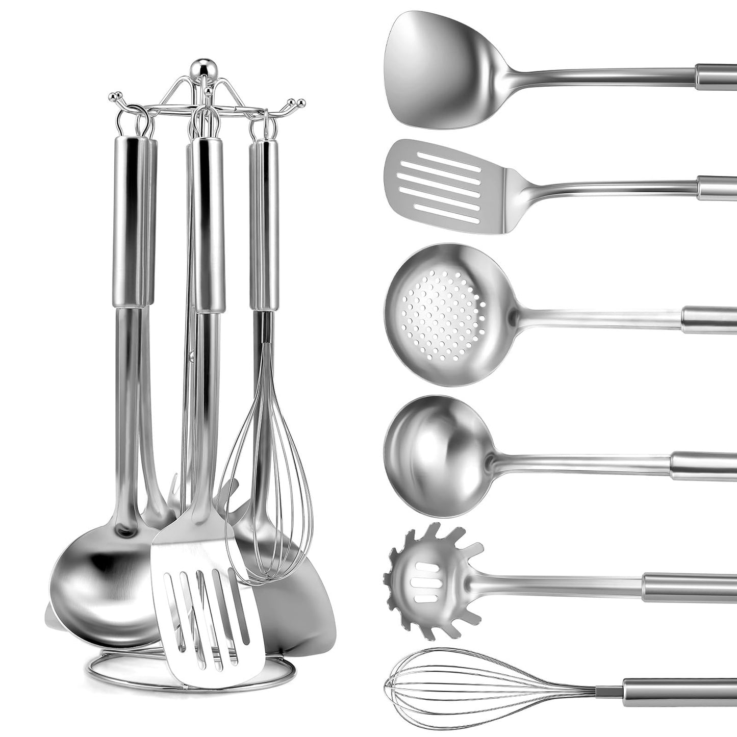 6-Piece Kitchen Cooking Utensils Set, Stainless Steel Kitchen Utensils with Suspendable Handle, Spatula, Slotted Turner, Soup Ladle, Slotted Spoon, Whisk, Pasta Server, Dishwasher Safe