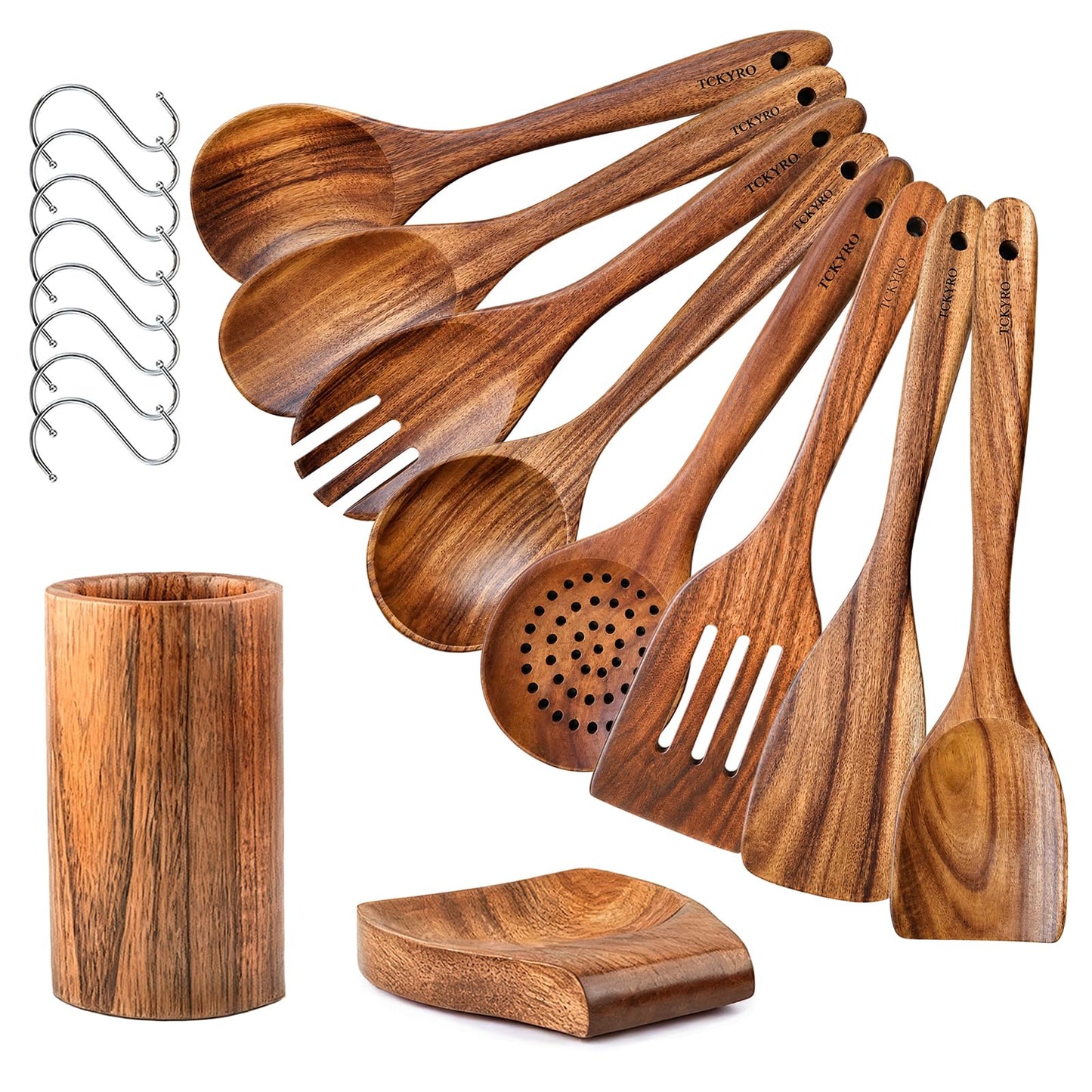 8 Piece Wooden Kitchen Utensils Set, Teak Wooden Spoons for Cooking