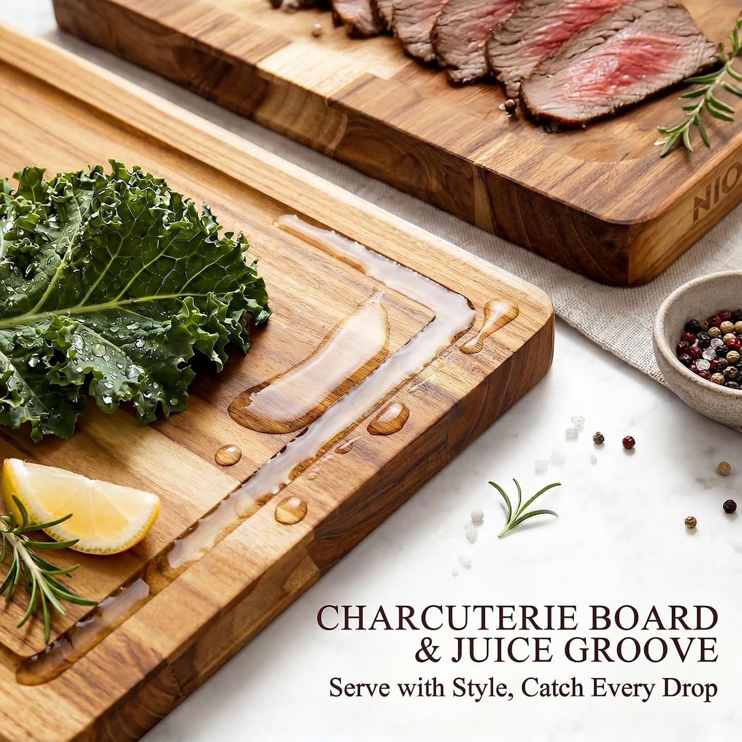 Kikcoin Teak Wood Cutting Board for Kitchen with Storage Stand, Pre-Oiled Wooden Cutting Board Set of 3, Large Butcher Block Charcuterie Boards with Juice Groove for Meat, Cheese, Pizza