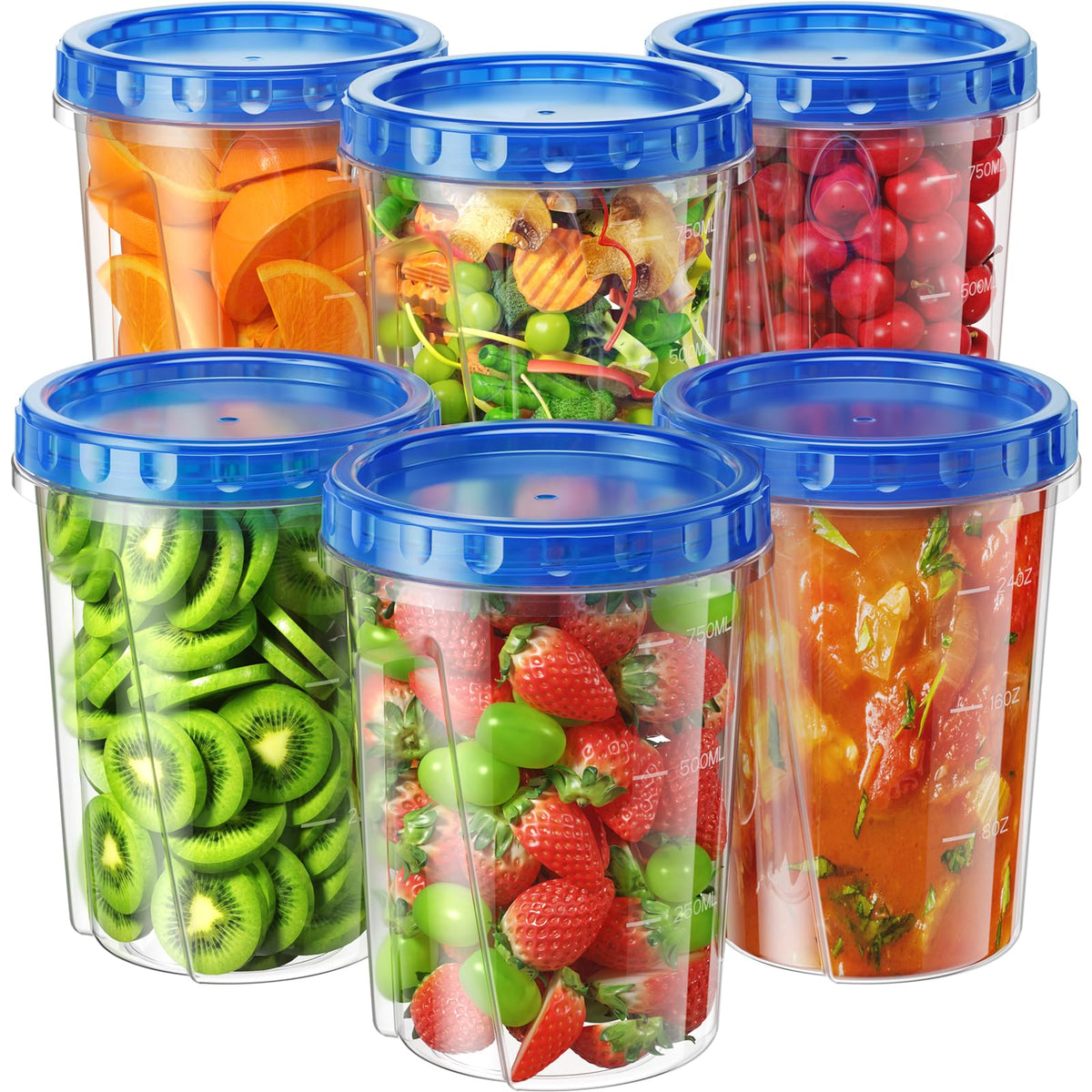 BiuLeon 6 Pack-24 oz Freezer Storage Containers, Plastic Food Storage Containers with Twist Top Lids, BPA Free and Reusable Soup Containers with Lids, Leakproof/Microwave/Dishwasher Safe