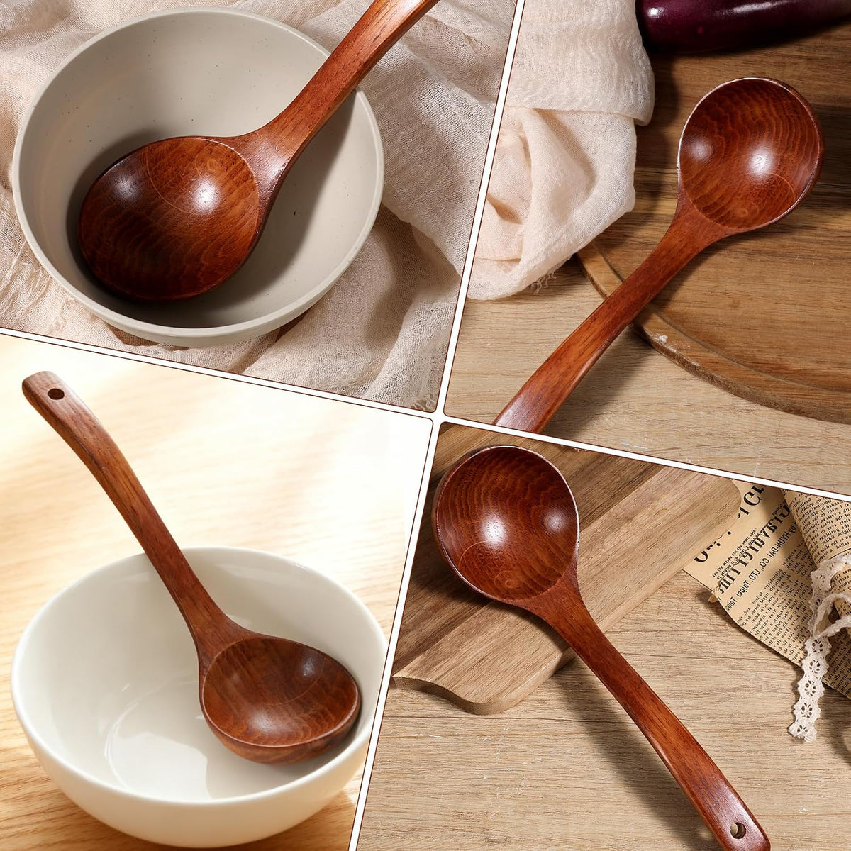 Deep Serving Spoon Smooth Finish Lightweight Wooden Ladle with Long Handle Wooden Soup Spoons Wood Soup Ladle Handmade Soups Ladles for Cooking Kitchen Cookware