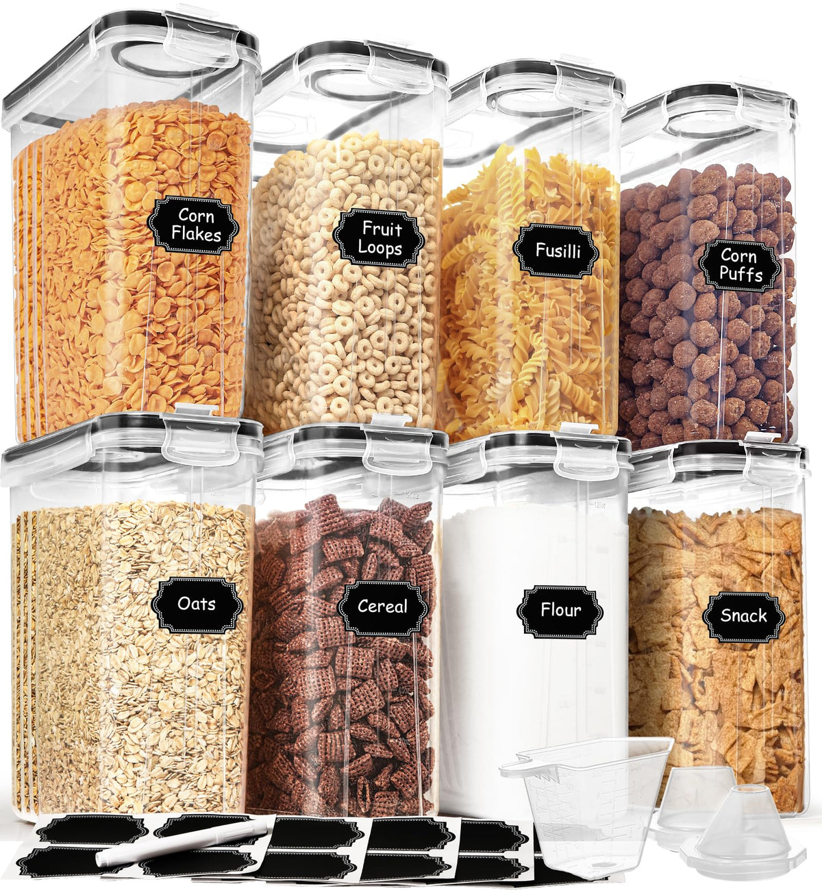 Cereal Containers Storage Set (4L / 135.2oz), 4PCS Airtight Food Storage Containers with Lids, Cereal Dispensers for Kitchen Pantry Organization and Storage with Pour Spout, 20 Labels, Marker