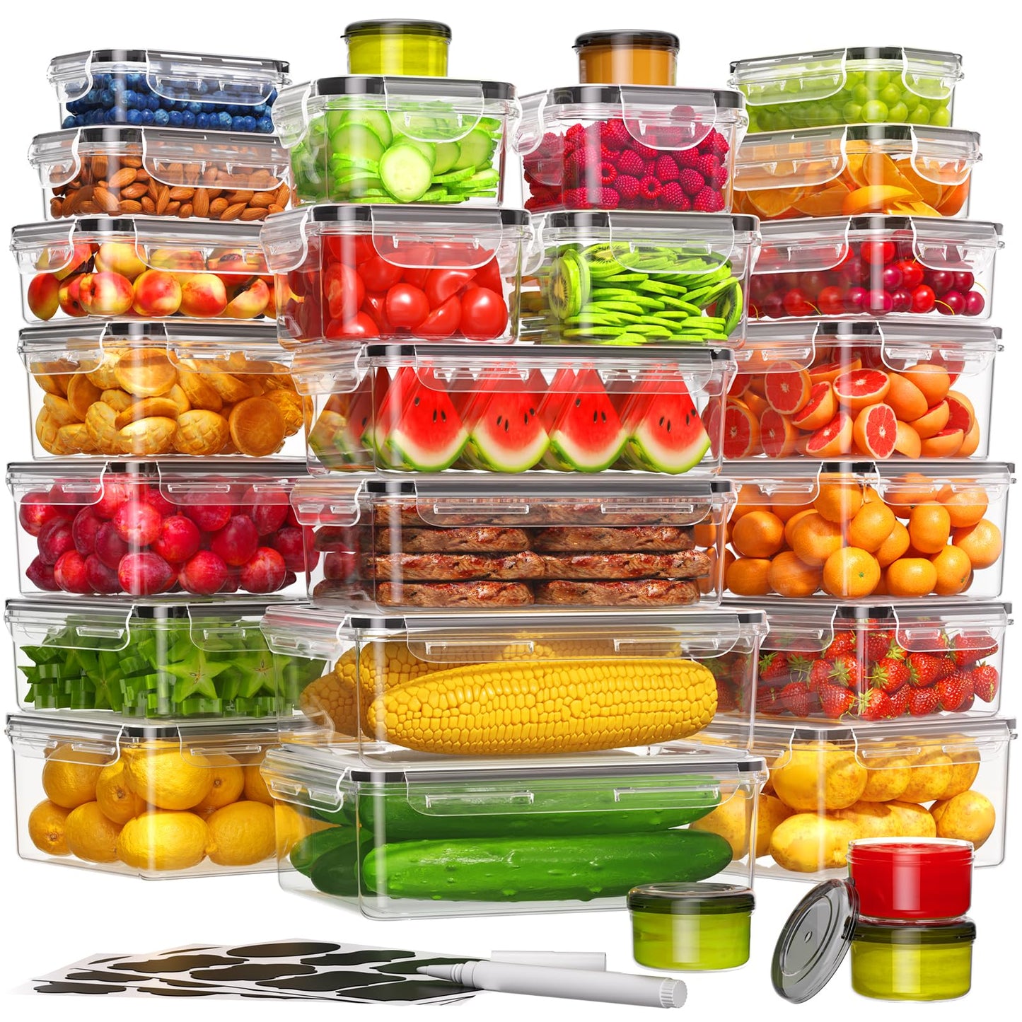 KEMETHY 36-Piece Food Storage Containers with Lids(18 Container & 18 Lid), Plastic Food Containers for Pantry & Kitchen Storage and Organization, BPA-Free, Leak Proof, Reusable with Labels & Pen