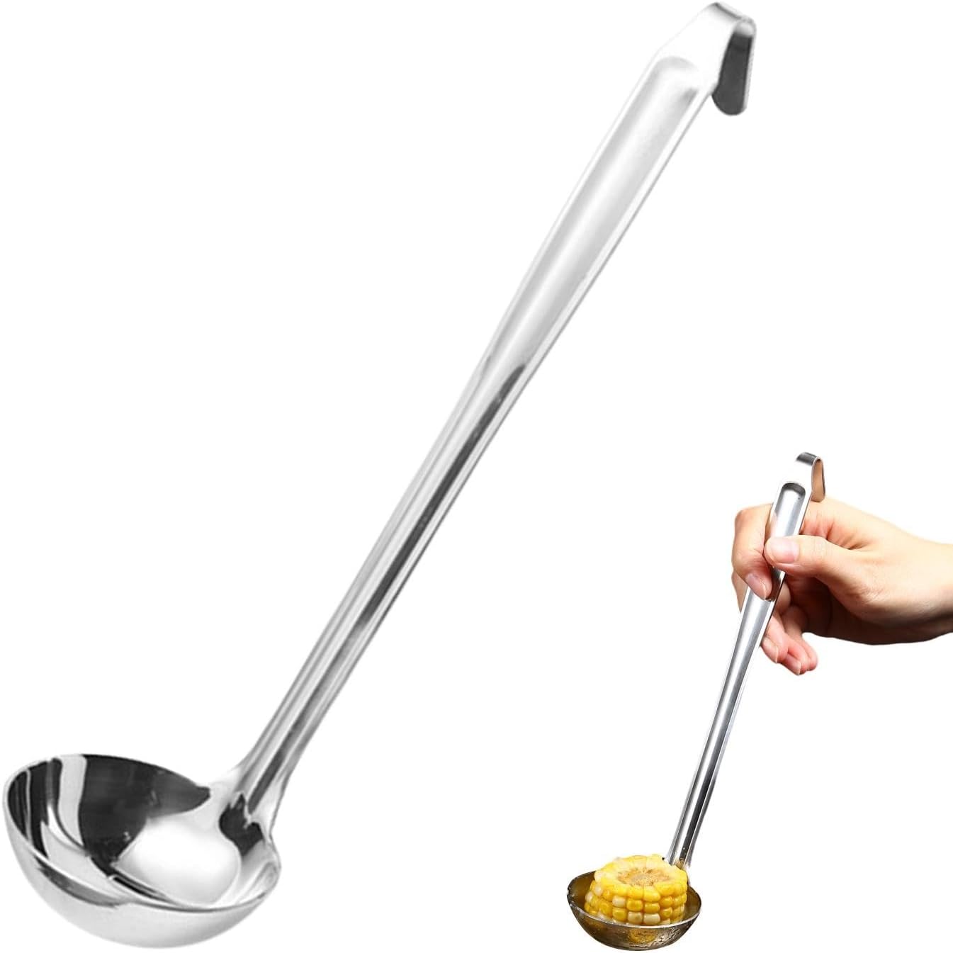 Soup Spoon with Hanging Hook, Stainless Steel 10.04-Inch Serving Ladle for Soups, Stews & Sauces, Mirror-Polished Finish, Durable & Rust-Resistant Kitchen Utensil(Silver)