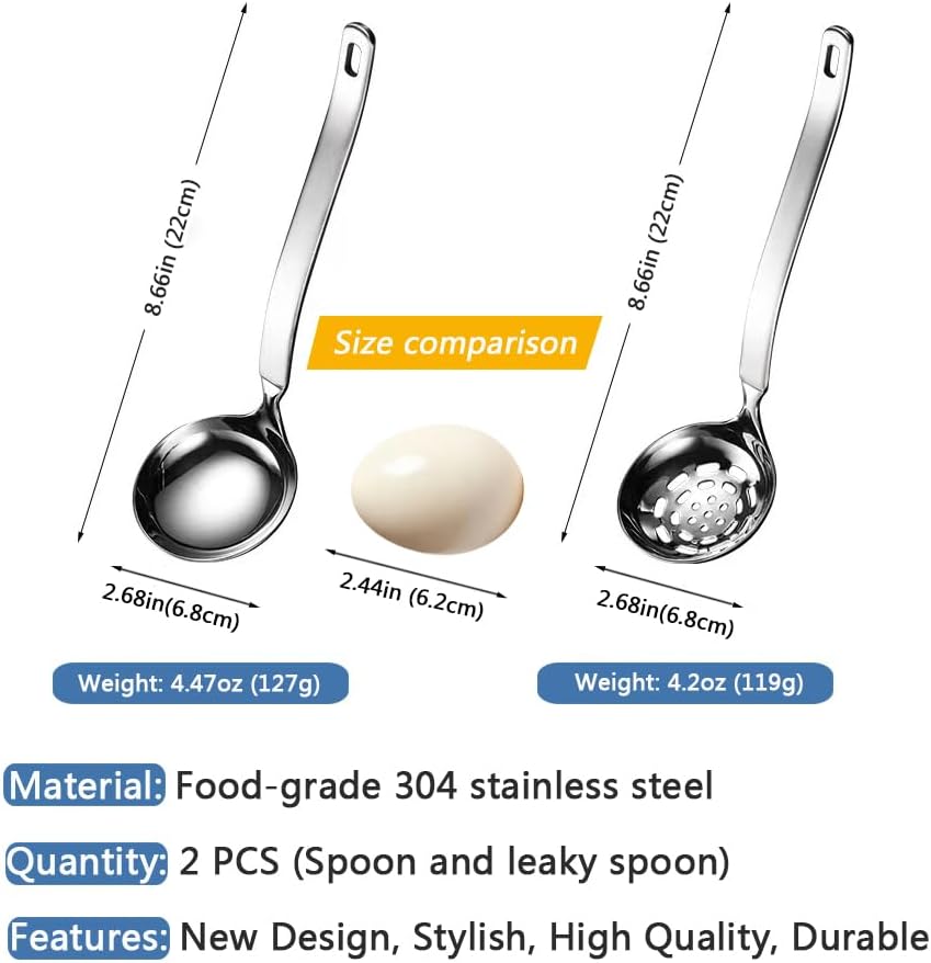 Collfa Small Soup Ladle Metal SUS304 Stainless Steel Ladles Spoon And Slotted Colander Spoon Set Soup Ladle With Holes Strainer Scoop Ladles For Serving Gravy Hot Pot Or Restaurant,2 Piece Set