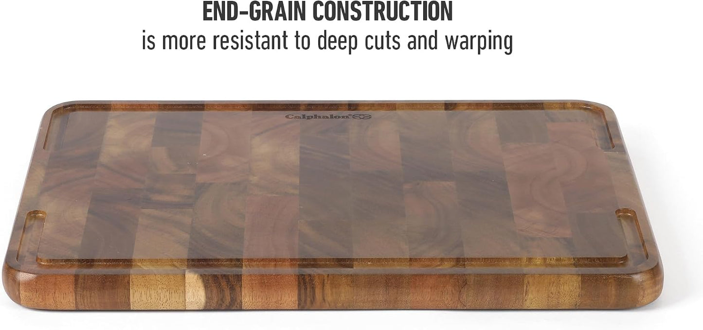 Calphalon Edge Guard Cutting Board, 13.6 x 9.5-Inch End-Grain Acacia Wood Cutting Board, Wooden Chopping Block for Stable Cutting & Food Prep