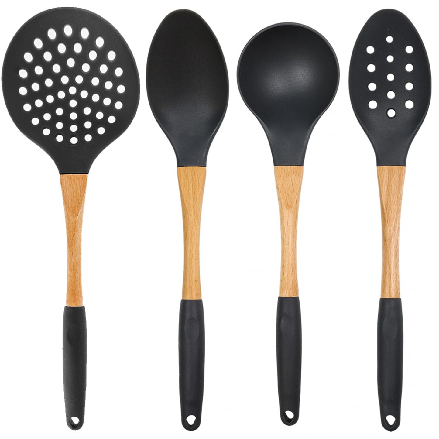 Beille Grey Nylon Ladle with Soft Grip Ergonomic Wooden Handle Kitchen Utensils, 13 Inch