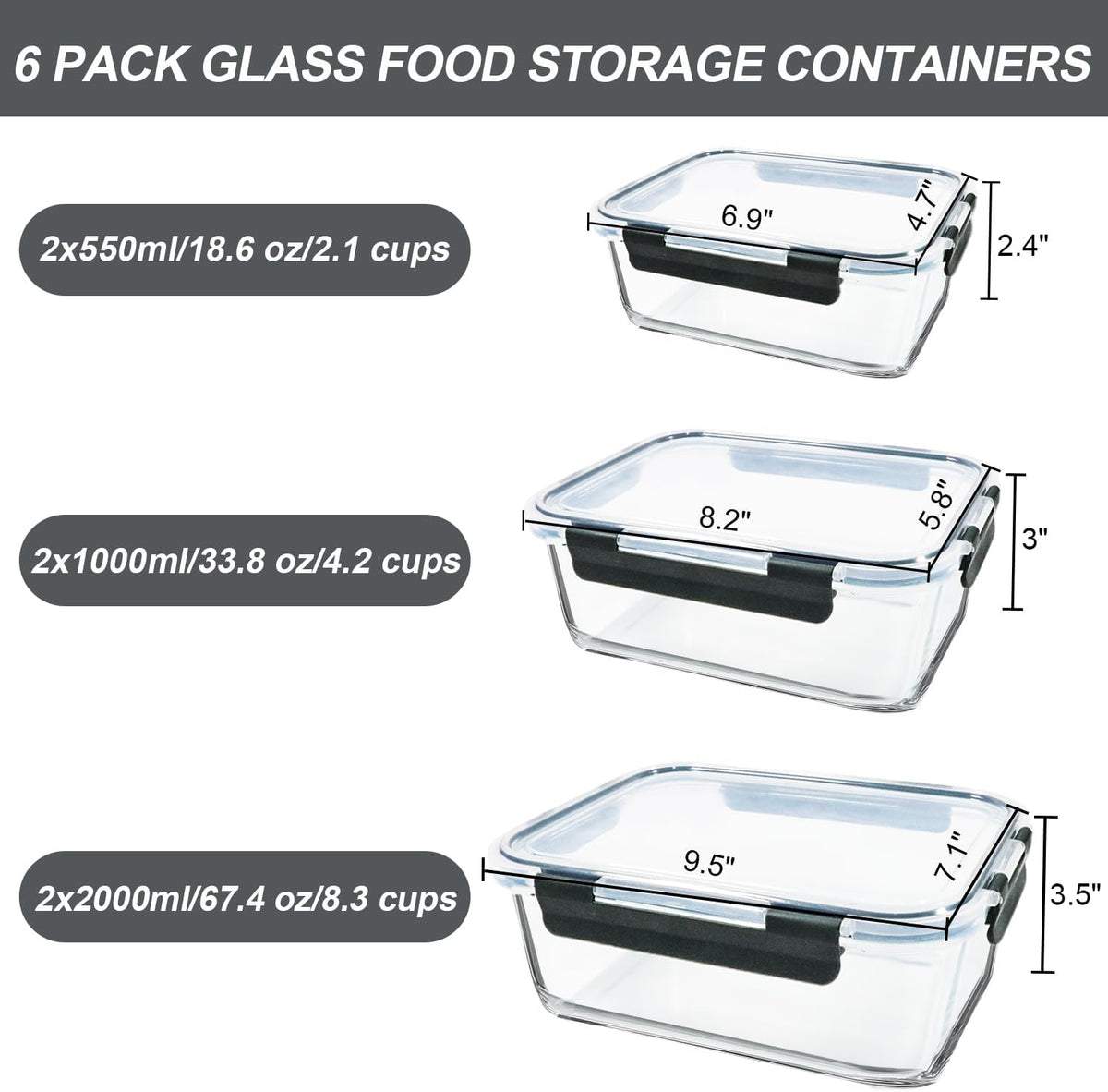 M MCIRCO 6 Pack Extra Large Glass Food Storage Containers with Lids
