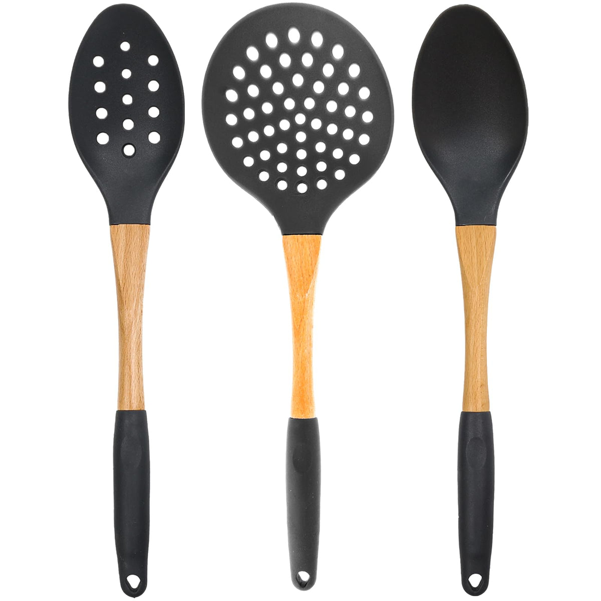 Beille Grey Nylon Ladle with Soft Grip Ergonomic Wooden Handle Kitchen Utensils, 13 Inch