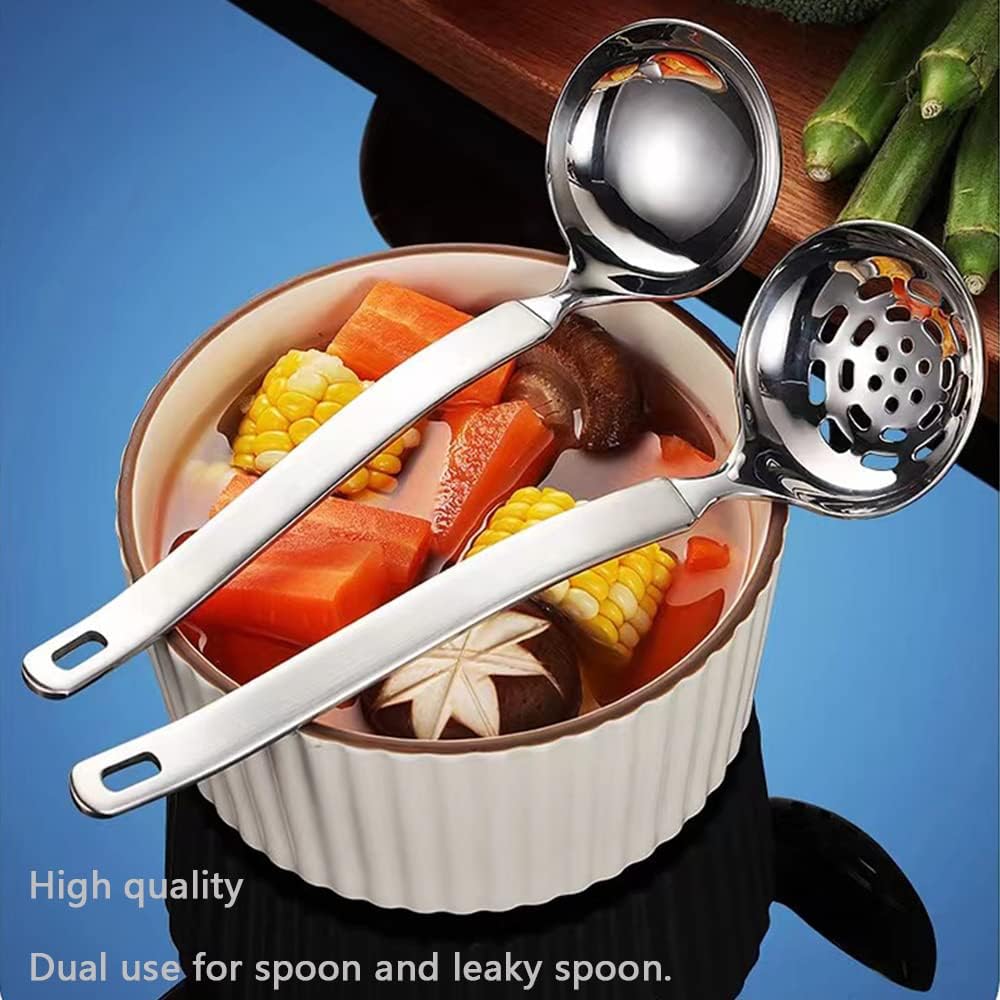 Collfa Small Soup Ladle Metal SUS304 Stainless Steel Ladles Spoon And Slotted Colander Spoon Set Soup Ladle With Holes Strainer Scoop Ladles For Serving Gravy Hot Pot Or Restaurant,2 Piece Set