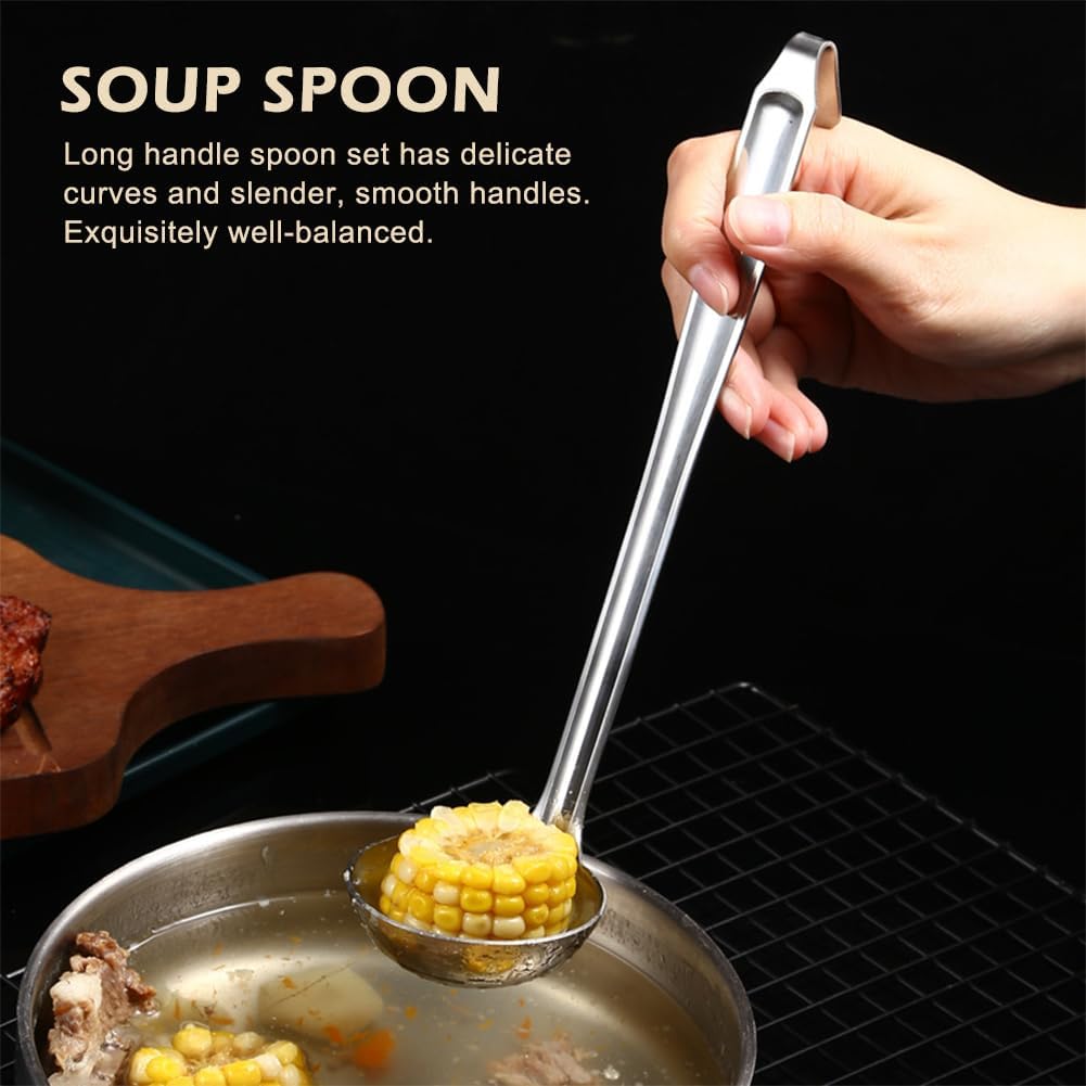 Soup Spoon with Hanging Hook, Stainless Steel 10.04-Inch Serving Ladle for Soups, Stews & Sauces, Mirror-Polished Finish, Durable & Rust-Resistant Kitchen Utensil(Silver)