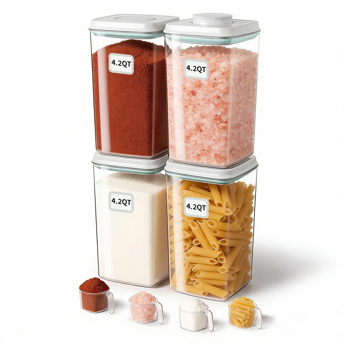 Airtight Food Storage Containers Set with One-Touch Lid, 2-Pack (4.22 QT / 4.0 L) Tall Stackable Durable PET for Bulk Rice, Flour & Baking Essentials Organizer.