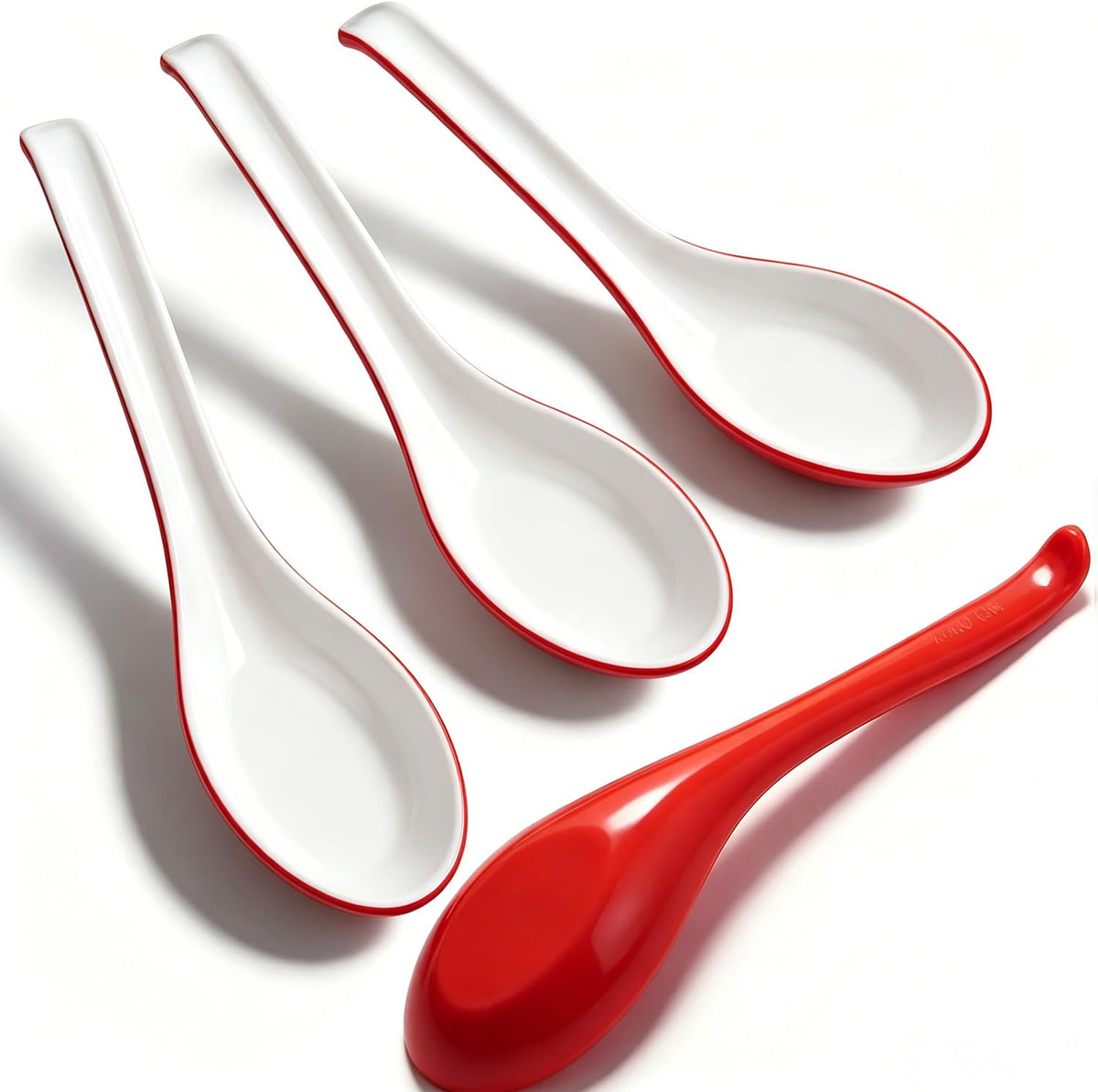 4PCS Asian Soup Spoons, Chinese Japanese Miso Ramen Wonton Dumpling Pho Rice Noodle Soba Soup Spoons, Red and Black Melamine Spoons
