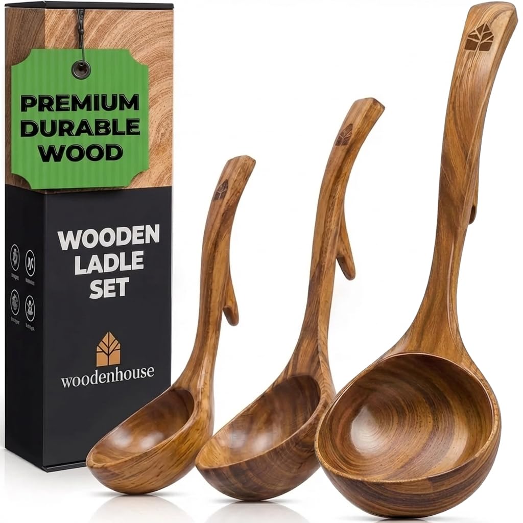 Wooden Ladle for Cooking, 12.4" Teak Soup Spoon, Medium 2 oz Serving Scoop