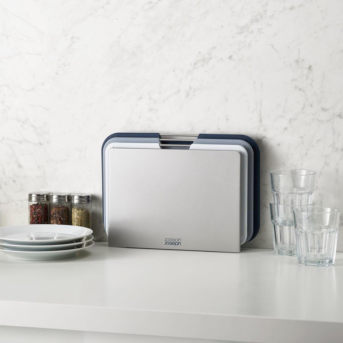 Joseph Joseph Nest 3 Piece Color Coded Cutting Board Set With Storage Stand, Regular - Grey/Blue