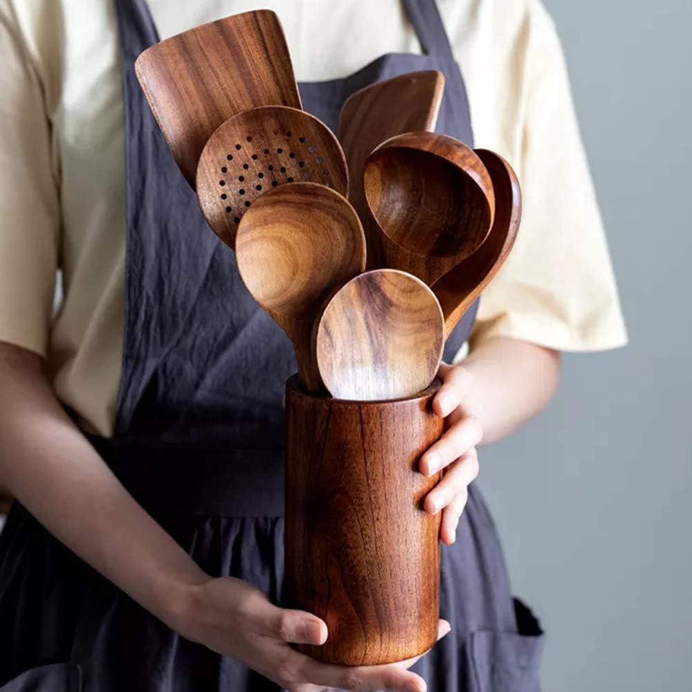 Teak Kitchen Utensils,Wooden Soup Spoon Kitchenware Seasoning Scoop Dipping,Oil Dipper,Meal Rice Scoop,Natural Utensils Handcrafted Cutlery Tool (soup spoon(10.6x3.15in))…