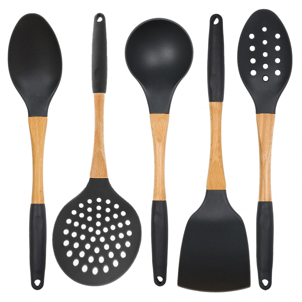 Beille Grey Nylon Ladle with Soft Grip Ergonomic Wooden Handle Kitchen Utensils, 13 Inch