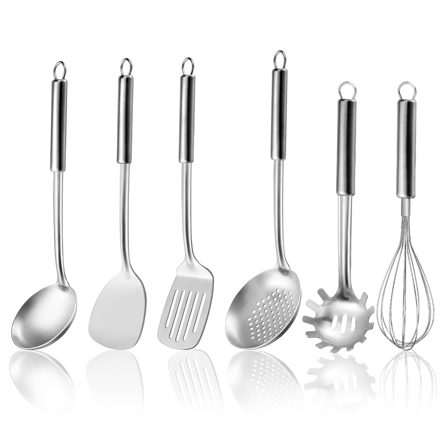 6-Piece Kitchen Cooking Utensils Set, Stainless Steel Kitchen Utensils with Suspendable Handle, Spatula, Slotted Turner, Soup Ladle, Slotted Spoon, Whisk, Pasta Server, Dishwasher Safe