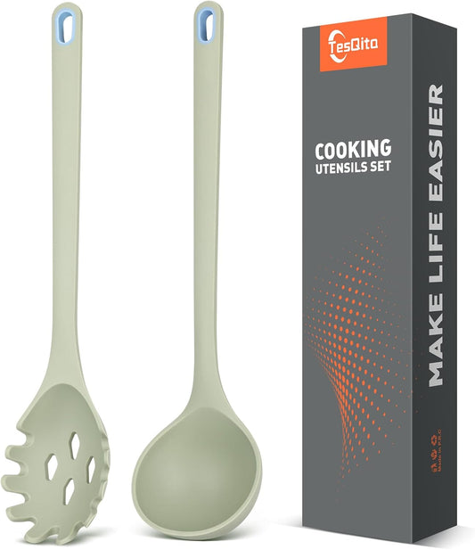 Silicone Spaghetti Spoon & Soup Ladle Cooking Utensils Set of 2 (Green)