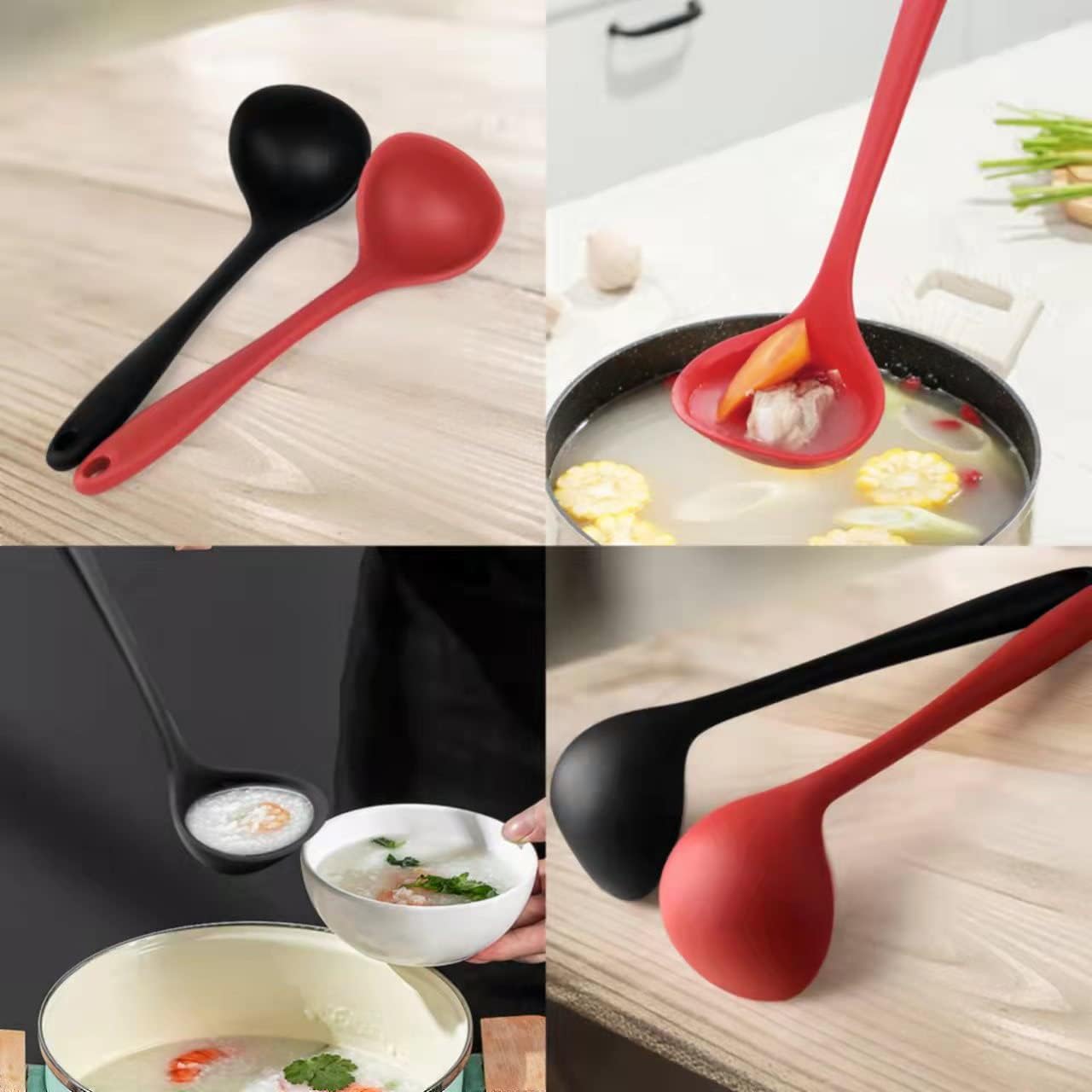 12" Silicone Ladle Spoon Set of 2, Long handle soup spoons Seamless & Nonstick, Heat resistant 600 °F Kitchen Soup Ladles for Cooking.