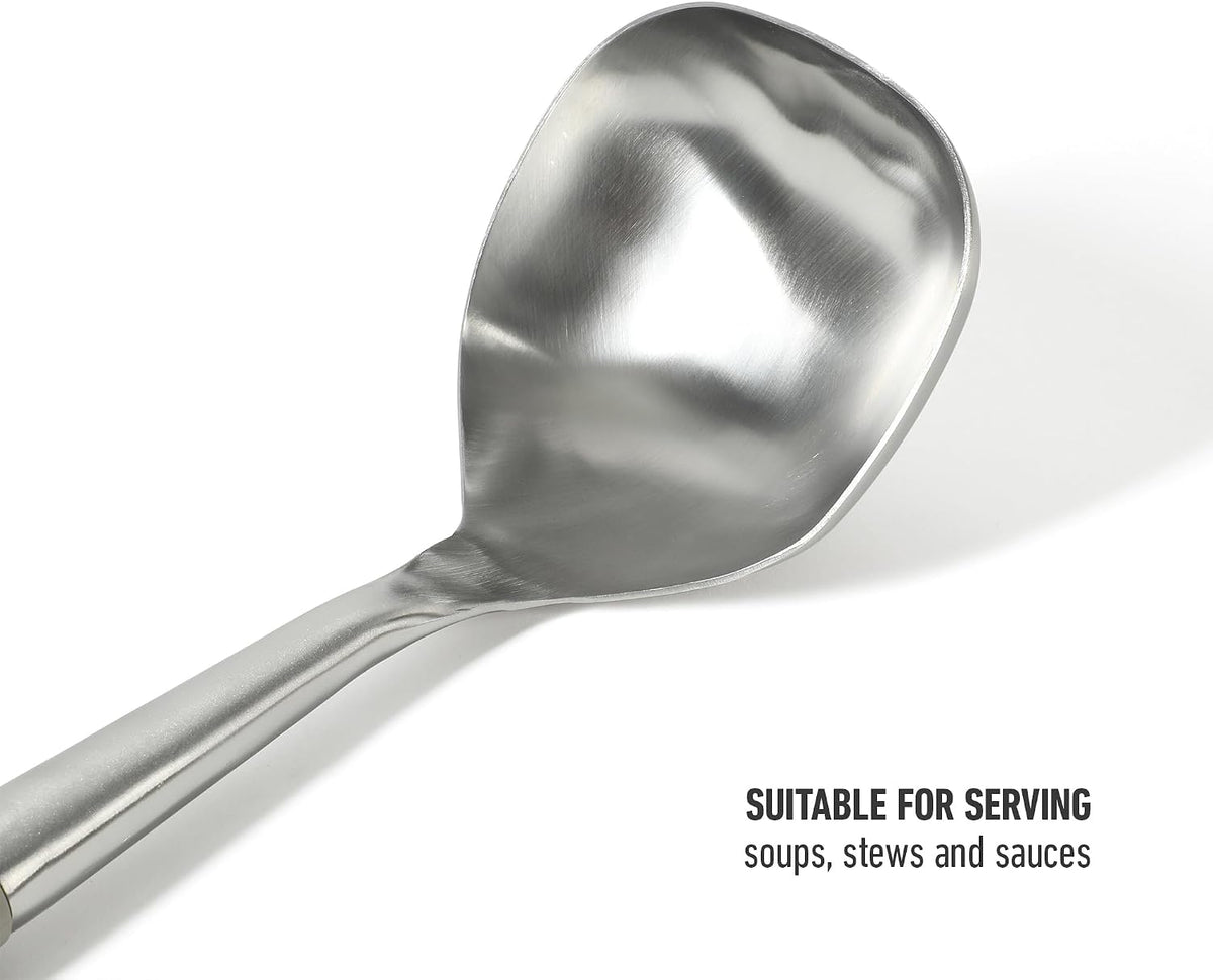 Calphalon Edge Soup Ladle, Stainless Steel Soup Ladle, Serving Ladle with Silicone Handle, Heat-Resistant Nonstick-Safe Kitchen Ladle for Soups, Sauces & Stews, Taupe