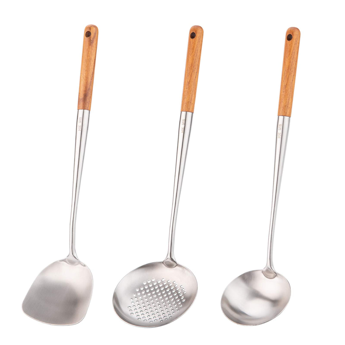 FJNATINH Soup Ladle, 17inches Ladle for wok, 304 Stainless Steel Soup Spoon Cooking Spoon for Kitchen with Wooden Handle
