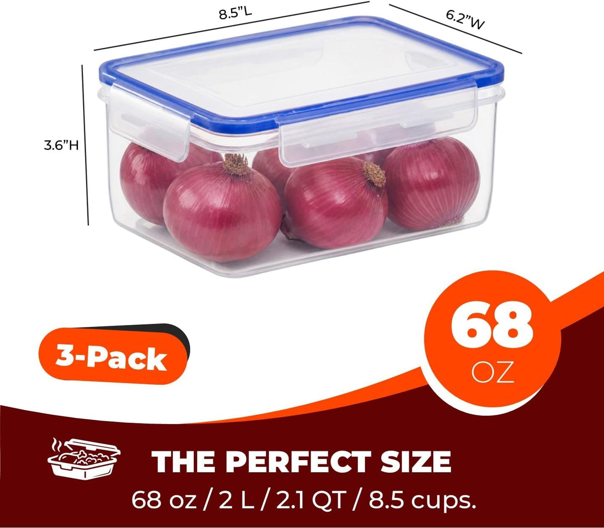 Tribello 68 oz Airtight Food Storage Containers with SnapTight Lids – Clear, Stackable, BPA-Free Meal Prep Containers for Kitchen, Freezer & Pantry – 3-Pack