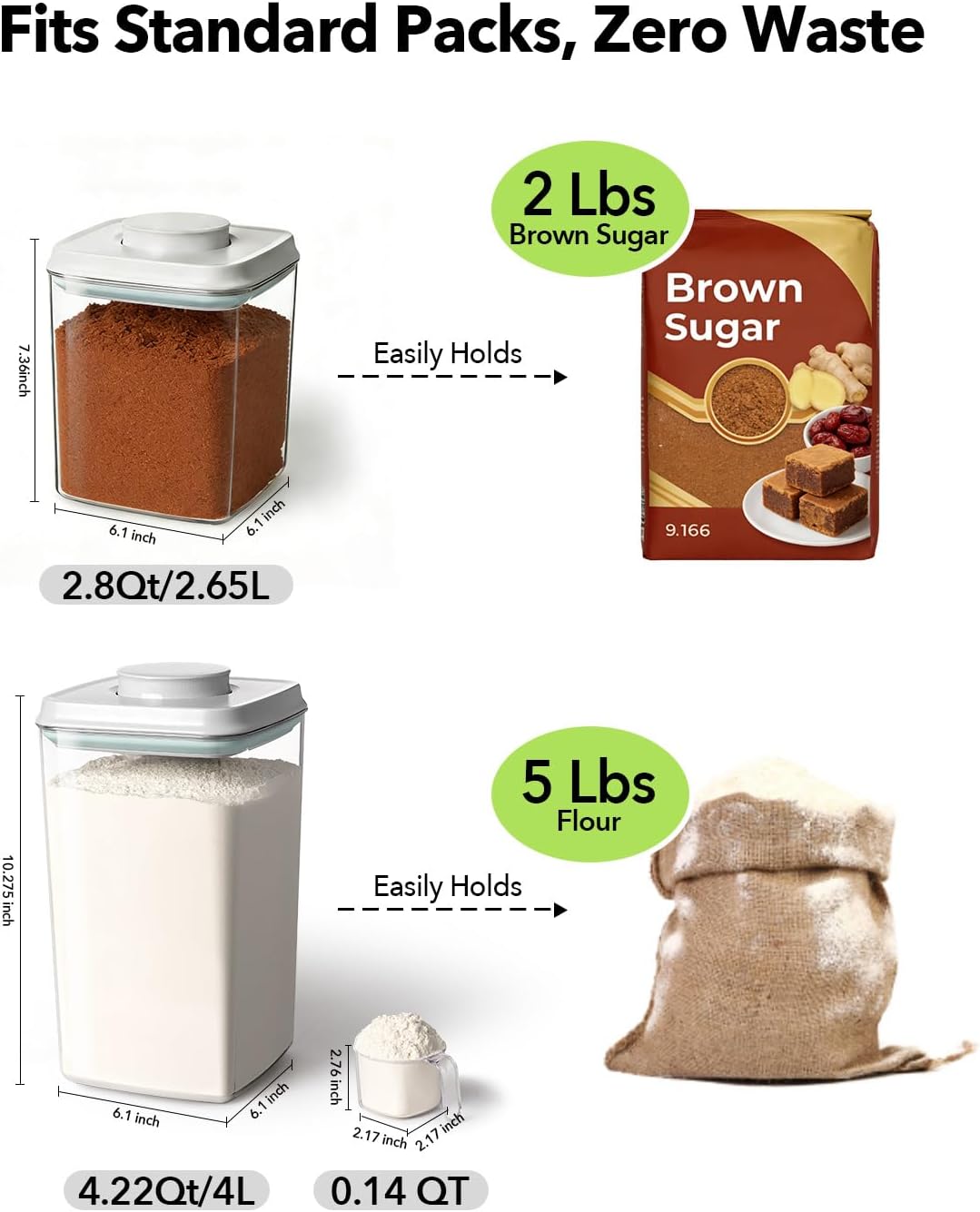 Airtight Food Storage Containers Set with One-Touch Lid, 2-Pack (4.22 QT / 4.0 L) Tall Stackable Durable PET for Bulk Rice, Flour & Baking Essentials Organizer.