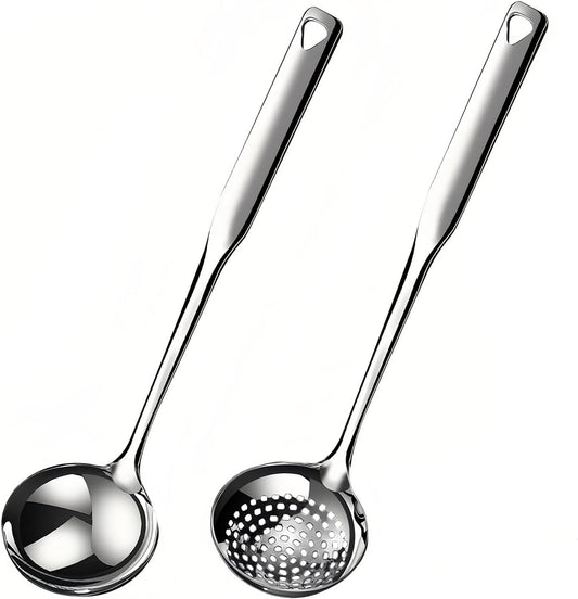 Soup Ladle 18/10 Stainless Steel and Slotted Spoons with Holes 2 Pack Set,316 Metal Heavy Duty Deep Spoon Gravy Punch Ladles for Serving Soup,Gravy,Draining,Kitchen Cooking,Hot Pot(11.8inchs)