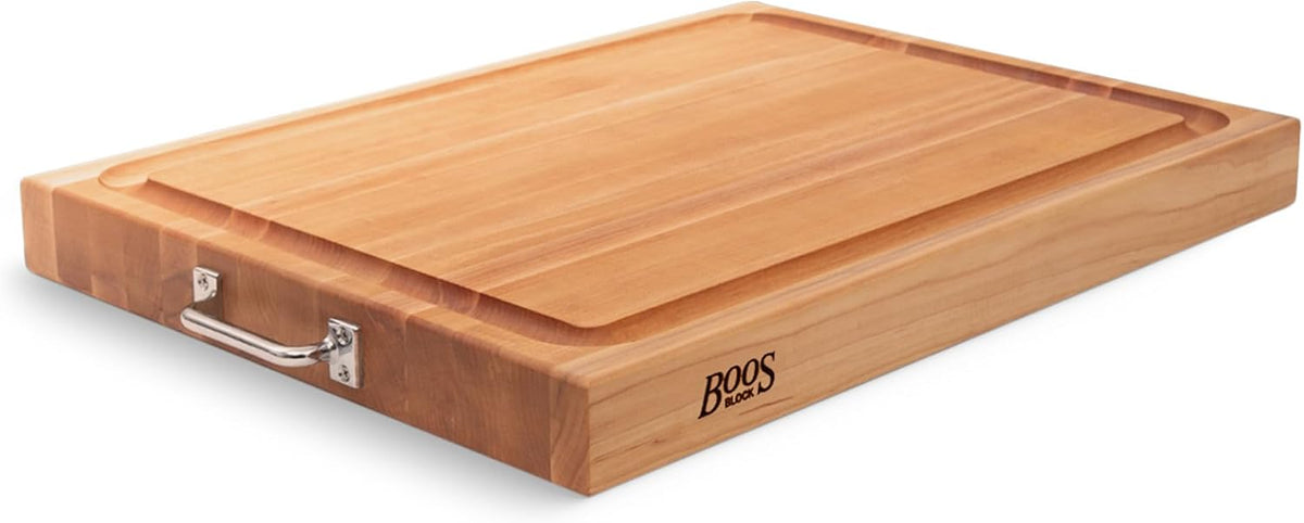 John Boos Handle Boards Series Rectangular Wooden Maple Cutting Board 24”x18” – 2.25” Thick, 30-lb Reversible Butcher Block with Juice Groove, Edge-Grain & Metal Handles – Made in the USA