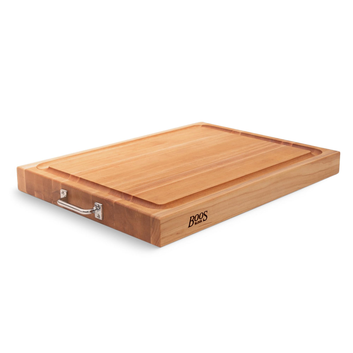 John Boos Handle Boards Series Rectangular Wooden Maple Cutting Board 24”x18” – 2.25” Thick, 30-lb Reversible Butcher Block with Juice Groove, Edge-Grain & Metal Handles – Made in the USA