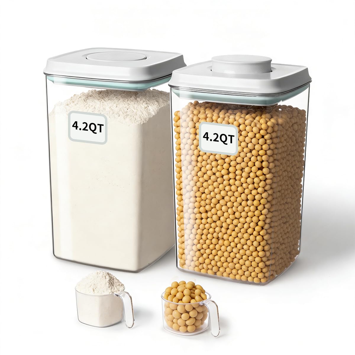 Airtight Food Storage Containers Set with One-Touch Lid, 2-Pack (4.22 QT / 4.0 L) Tall Stackable Durable PET for Bulk Rice, Flour & Baking Essentials Organizer.
