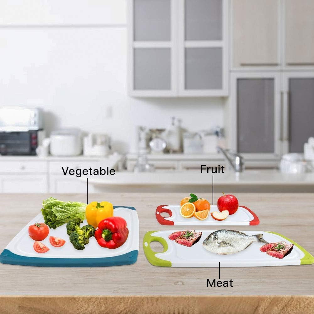 Cutting Boards for Kitchen, Plastic Chopping Board Set of 4 with Non-Slip Feet and Deep Drip Juice Groove, Easy Grip Handle, Dishwasher Safe