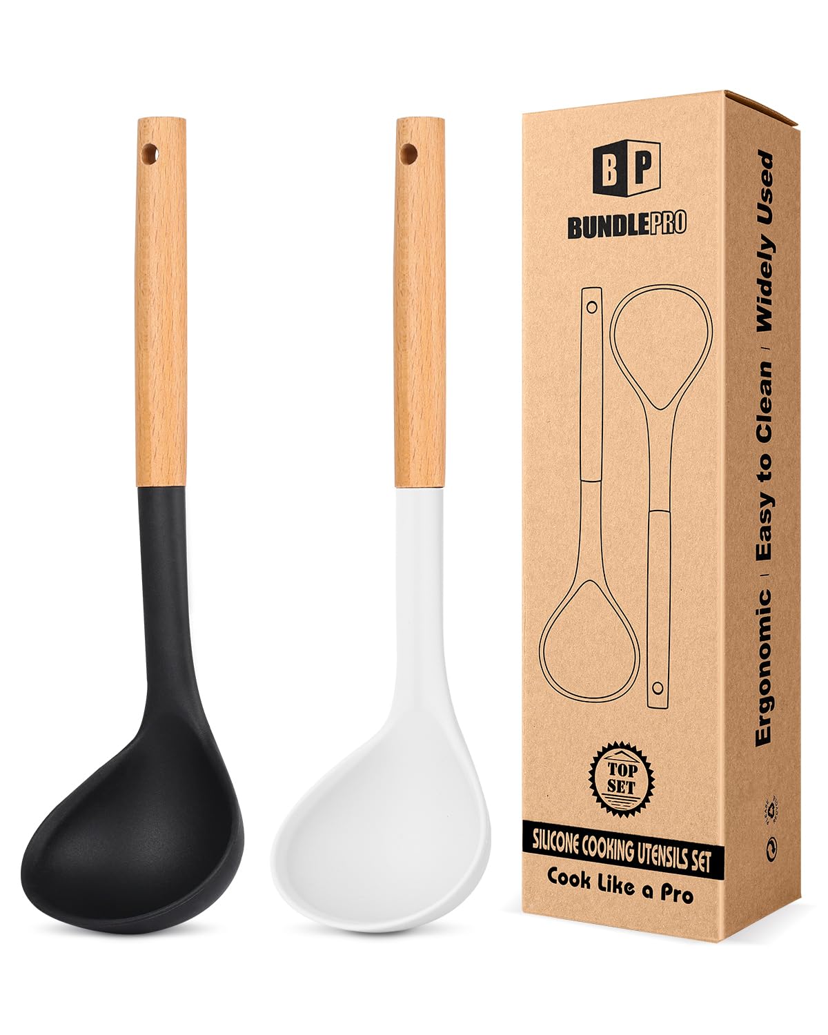 Pack of 2 Soup Ladle, Silicone Ladle Spoon with Wooden Handle, Large Non Stick High Heat Resistant Kitchen Utensils for Cooking, Stirring, Serving Soups(BLACK-GRAY)