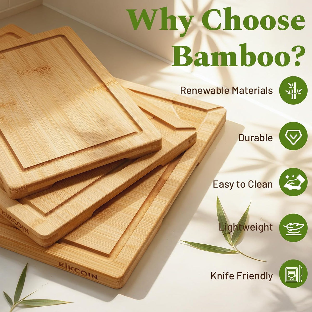 Kikcoin 3+1 Piece Self-Draining Bamboo Cutting Boards, Wooden Cutting Boards for Charcuterie, Vegetables, Cheese, Bread, Extra Large Chopping Boards with Deep Juice Groove and Handle, Natural