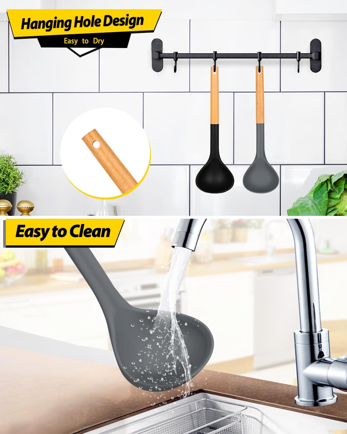 Pack of 2 Soup Ladle, Silicone Ladle Spoon with Wooden Handle, Large Non Stick High Heat Resistant Kitchen Utensils for Cooking, Stirring, Serving Soups(BLACK-GRAY)