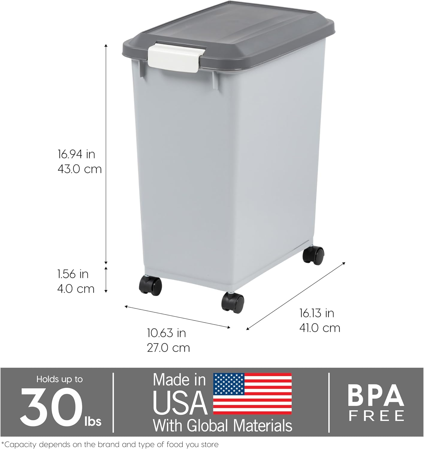 IRIS USA Dog Food Storage Container, Up to 30 lbs, Gray/Dark Gray