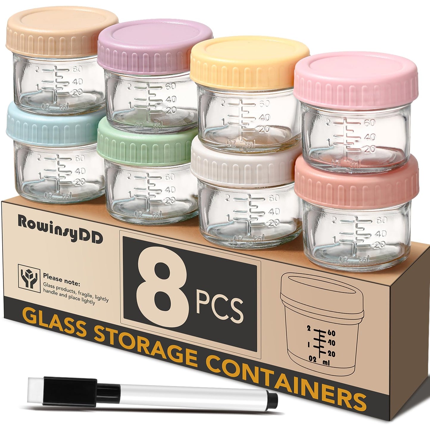 RowinsyDD Baby Food Containers, 4 oz, 8 Pack, Glass Jars with Lids