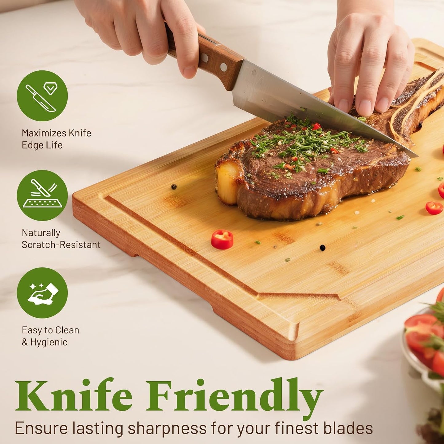 Kikcoin 3+1 Piece Self-Draining Bamboo Cutting Boards, Wooden Cutting Boards for Charcuterie, Vegetables, Cheese, Bread, Extra Large Chopping Boards with Deep Juice Groove and Handle, Natural