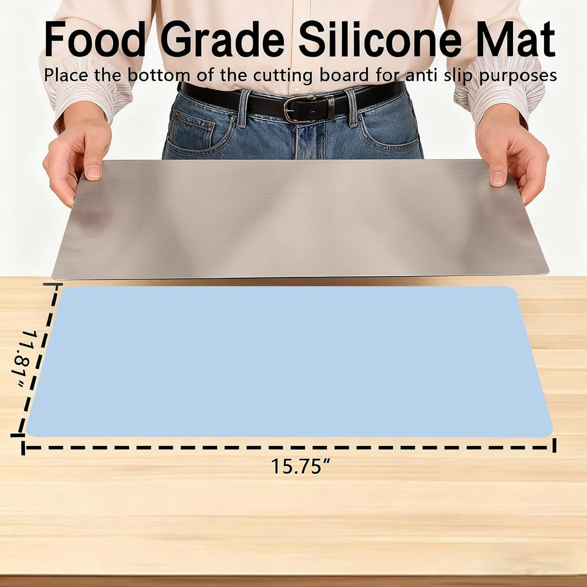 Large Stainless Steel Cutting Board with Lip for Kitchen, Chopping Boards with Blue Non-slip Mat, Cutting Board with Counter Lip for Meat, Fruits, Vegetables, Bread,Dough(15.7" × 11.8")