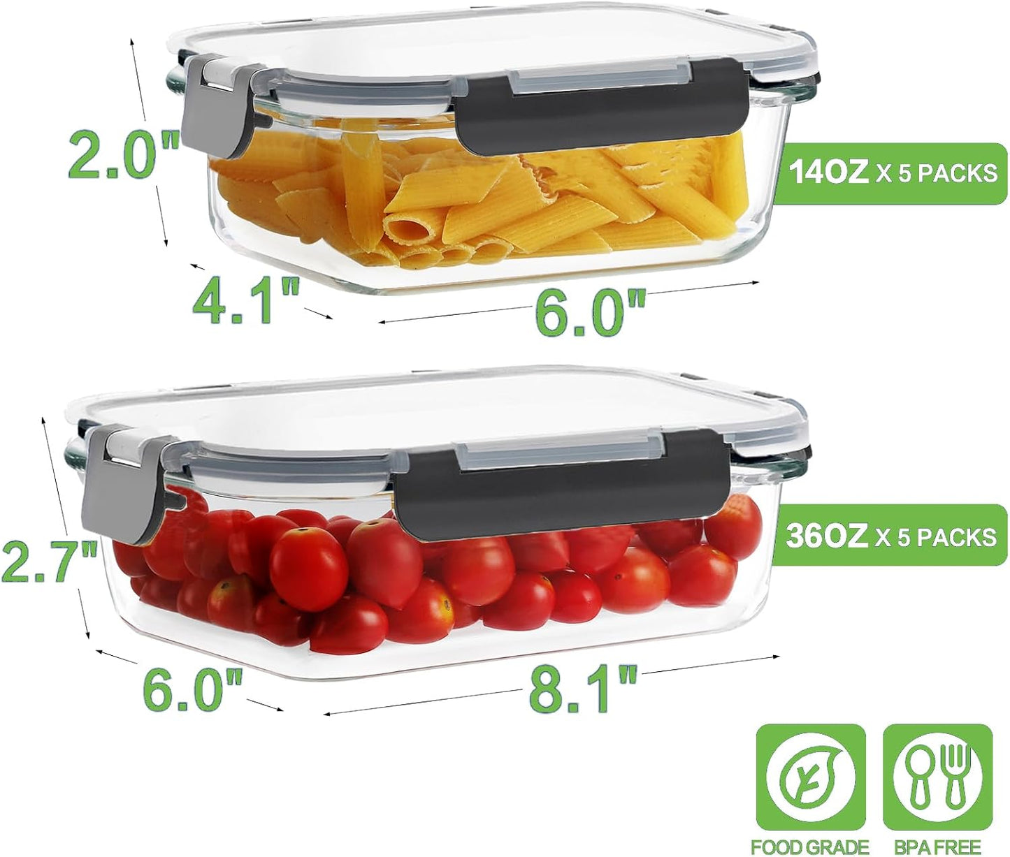 HOMBERKING 10-Pack Glass Meal Prep Containers, 36 oz/14 oz, Locking Lid Set