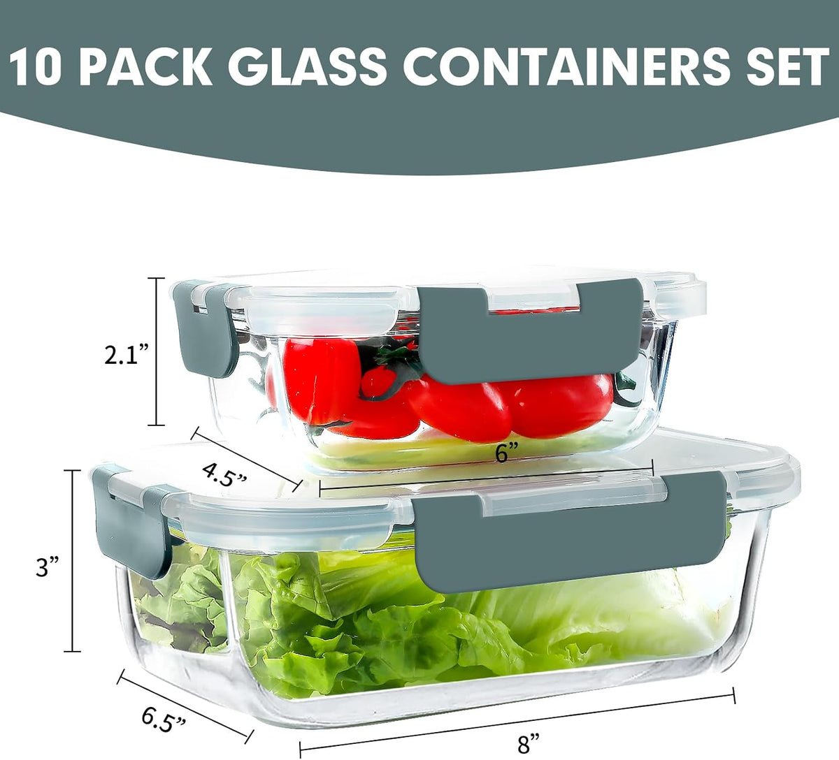 VERONES 10 PACK Glass Meal Prep Containers Set with Lids, Grey