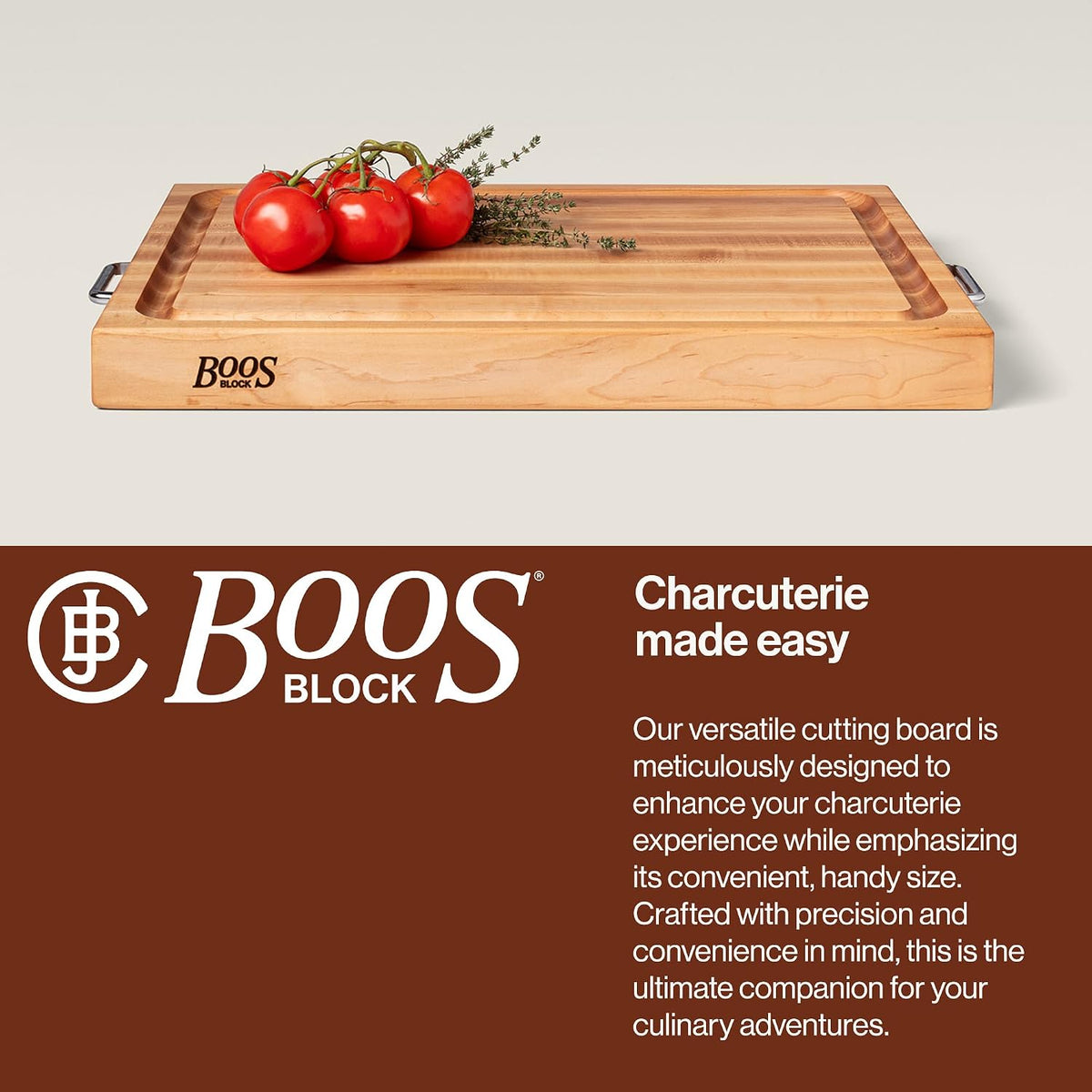 John Boos Handle Boards Series Rectangular Wooden Maple Cutting Board 24”x18” – 2.25” Thick, 30-lb Reversible Butcher Block with Juice Groove, Edge-Grain & Metal Handles – Made in the USA