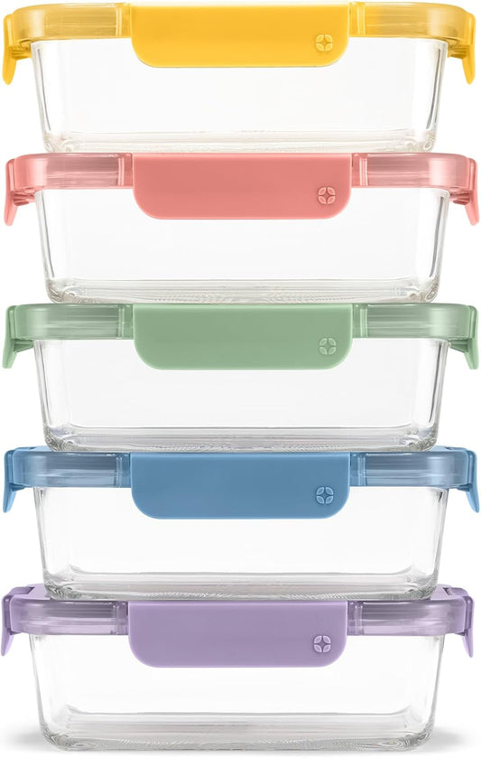 Ello Color Lock 3.4 Cup Glass Meal Prep Containers & Lids, 5 Pack, Desert