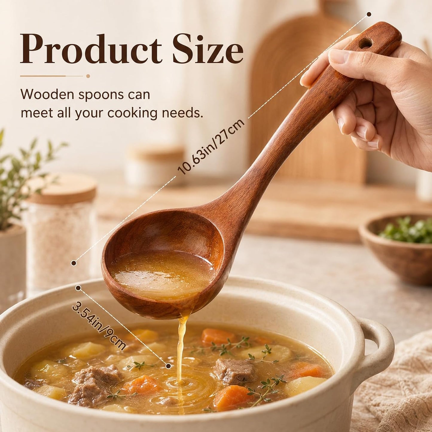 Wooden Ladle Soup Spoon Long Handle Serving Cooking 10.6inch, 1Pc